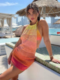 Nukty Summer Gradient Backless Knit Dress Women New Mini Beach Party Halter Dress Holiday Slim Ladies Stretch Sweater Dress