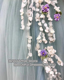Nukty Light Green Fairy Prom Dress Appliques 3D Flowers Short Sleeves Tulle Evening Gown Side Split Celebrity Party Dress
