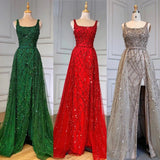 Nukty Luxury Prom Dress High Side Slit Square Collar Sequined Tulle Sleeveless Mermaid Red Elegant Evening Gowns
