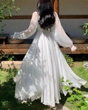 Nukty Elegant Maxi Dresses For Women White Off Shoulder Puff Long Sleeve Elastic High Waist Party Gown Ruffle Holiday Dress