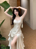 Nukty Summer New Women's Suspender Dress Satin Long Small Dress Summer Mermaid Tail Big Swing Lotus Leaf Holiday Dress Fairy