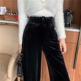 Nukty Winter Velvet Elegant Pants Women Solid Casual Korean Style Wide-legged Pants Loose Casual Designer High-waist Trousers New