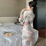Nukty Printing Midi Bodycon Dress Elegant Japan Style V-Neck Long Half Batwing Sleeve Sashes Floral Maxi Dresses for Women Summer