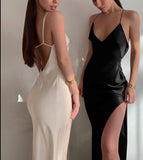 Nukty Elegant Backless Long Party Dresses For Women Spaghetti Strap Satin Maxi Dress Summer Beach Slip Dress