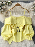 Nukty New Fashion Women Spring Summer Yellow Shirt Sexy Spaghetti Strap Slash Neck Off Shoulder Long Sleeve Blouse with Belt