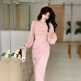 Nukty Autumn Solid Elegant Fairy Dresses Women Casual Party Fashion Korean One Piece Dress Female Lace Vintage Chic Midi Dresses