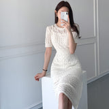 Nukty Casual Chic Korean Temperament Slim Sexy Hollow Out Dresses O Neck Short Sleeve Wrap Hip Knitted Dress White Lady Summer