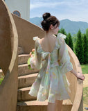 Nukty France Sweet Tie-dyed Fairy Dress Women Elegant Chic Ruffles V-Neck Long Sleeve Princess Dresses Female Casual Beach Vestidos