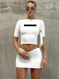Fashion O Neck Short Sleeve White Crop Top + Bodycon Mini Skirt Hot Girls Suit Casual Solid Color Print Club Streetwear