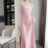 Nukty Tri-Acetate Satin Silky V-Neck Temperament Female Summer Beautiful Silk Suspender Dress New Long Skirt Is Thin