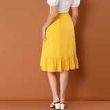 Solid Midi Skirts Women Summer Ruffle High Waist Button Skirt Ladies Office Lady Elegant Streetwear Slim Bottoms Saias