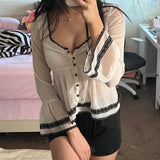 Nukty y2k Mesh Sheer Crop Tops Fairycore Flared Sleeves Button Down T Shirt Aesthetic Clothes 2000s Women Tee Korean Fashion