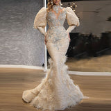 Nukty Evening Gowns Women Party Dress Full Lace Beading Feather Prom Dresses Long Sleeves High Neck Robe De Soir¨¦e