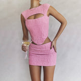 Nukty Pink Sleeveless 2 Piece Dress Set Sexy Cut Out Holiday Party Dresses Casual Cropped Top and Mini Skirt Women