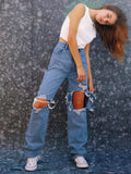 New Ladies Straight Jeans Hot Girl Ripped Hole High Waist Washed Distressed Jeans Personality Loose Slim Pants Women Jeans
