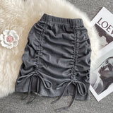 Nukty Draw String Cotton Mini Skirt Girls Summer Elastic Waist Grey Black Split Folds Skirts Women Sexy Bottoms