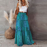 Summer High Waist Long Printed A-Line Skirt Floral Skirt Women Casual Beach Faldas Female Boho Elastic Waist Holiday Maxi Skirts