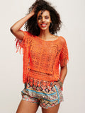 Boho Crochet Chic Lace Top Tassel Batwing Sleeve Loose Casual Beach Blouse Shirt Hollow out Floral Embroidery Women Shirt