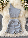 Nukty Casual Women 2 Piece Set Solid Summer Fashion One Shoulder Sleeveless Crop Top and Drawstring Shorts Workout Tracksuits