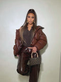 Fashion Stand Collar PU Leather Zipper Cotton Brown Coat Women Winter New Casual High Street Cotton Warm Jacket Short Coats