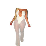 Nukty Summer Nightclub Halterneck See Through Mesh Jumpsuit Woman Sexy Strappy Hollow Stitching Flared Trouser Romper