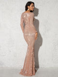 Elegant O Neck Long Sleeve Sequin Maxi Dress Floor Length Stretchy Bodycon Party Dress Gold Green Burgundy Red