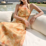 Nukty French Vintage Dress Women Elegant Backless Floral Halter Neck Midi Dress Summer Chiffon Holiday Beach Dresses for Women