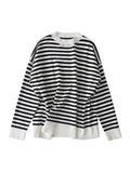 Nukty Casual Knitted Sweater Autumn Femme Vintage V Neck Striped Loose Elegant Pullover Chic Jumper Women's Long Sleeve Top