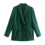 Nukty Woman Elegant Dark Green Straight Blazer Suits Autumn Female Solid Basic Matching Set Ladies Medium Waisted Pants Suit