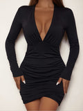 Nukty Fairyshely Sexy Ruffle V Deep Evening Party Dress Long Sleeve Short Dresses For Women Solid Tight Club Mini Dress Clubwear