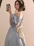 Nukty Vintage Elegant Midi Dresses Women Spring Blue Patchwork Retro Evening Party Dress French Sweet Korean Princess Fairy Dress