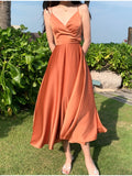 Nukty Summer New French Retro Satin Sexy Super Fairy White Suspender Dress Seaside Holiday Wind Open Back Beach Long Skirt Women