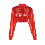 Nukty Women Crop Jacket Red PU Leather Patchwork Letter Short Baseball Coat Autumn High Street Hot Y2K Casual Jackets Tops