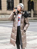 New Women Long Coat Parkas Female Glossy Winter Warm Thicken Faux Fur Coats Silver Down Jacket Parker Jacket Coat