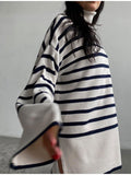 Nukty Casual Knitted Sweater Autumn Femme Vintage V Neck Striped Loose Elegant Pullover Chic Jumper Women's Long Sleeve Top