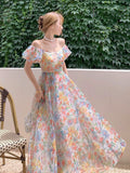 Nukty Women's Skirts Long Dress Fairy Dress French Puff Sleeve Floral Dress Sweet Gauze Bandage Beach Dress Birthday Dress for Women