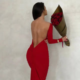 Nukty Backless Maxi Dress Elegant Red Long Sleeve Sexy Ruched Bodyocn Evening Party Dress for Women Spring Slim Christmas Outfits