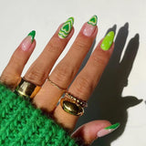 24Pcs Almond False Nails with Glue Green Stripe Design Fake Nails Long Wearable Press on Nails Acrylic Full Cover Nail Tips