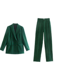 Nukty Woman Elegant Dark Green Straight Blazer Suits Autumn Female Solid Basic Matching Set Ladies Medium Waisted Pants Suit