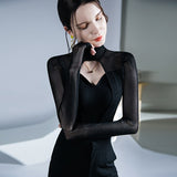 Nukty Solid Sexy Long Sleeve Mesh Tshirt Women Fashion Patchwork Black Top T Shirt Autumn Winter Ladies Hollow Out Tee Shirt