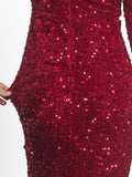 Nukty Long Sleeve Padded Sequin Maxi Dress Floor Length Sparkles Stretch V Neck Mermaid Formal Evening Night Party Gown Grey Black Red