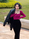 Nukty Elegant Vintage Knitted Dress Women Autumn Korean Style Evening Party Midi Dress Ladies Bodycon Casual Sexy Designer Dress