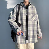 Nukty Spring Autumn Casual Plaid Shirts Men Loose Turn Down Collar Long Sleeve Shirt for Man