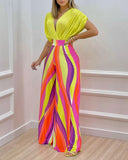 Nukty Summer Two Piece Set Women Fashion V-neck Bat Sleeve Top Printed Wide-leg Pants Suit Casual Two Piece Set Women