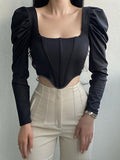 Summer New Women's Tops Retro Square Collar Pure Desire Long-sleeved Sexy Puff Sleeves Fishbone Corset Short Tops