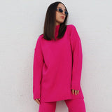Fashion Half-high Collar Green Sweater Suit for Women Autumn Winter Casual Long-sleeved Loose White Knitted 2 Piece Set