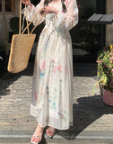 Nukty Print Midi Dresses for Women Fairycore Square Collar Long Sleeve Vintage Dress New Fashion Elegant Party Dresses