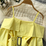 Nukty New Fashion Women Spring Summer Yellow Shirt Sexy Spaghetti Strap Slash Neck Off Shoulder Long Sleeve Blouse with Belt