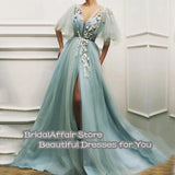 Nukty Light Green Fairy Prom Dress Appliques 3D Flowers Short Sleeves Tulle Evening Gown Side Split Celebrity Party Dress