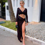 Summer Sexy Split Maxi Skirt Suits Women New V Neck Long Sleeve Backless Crop Top Ladies Fashion Two Piece Sets